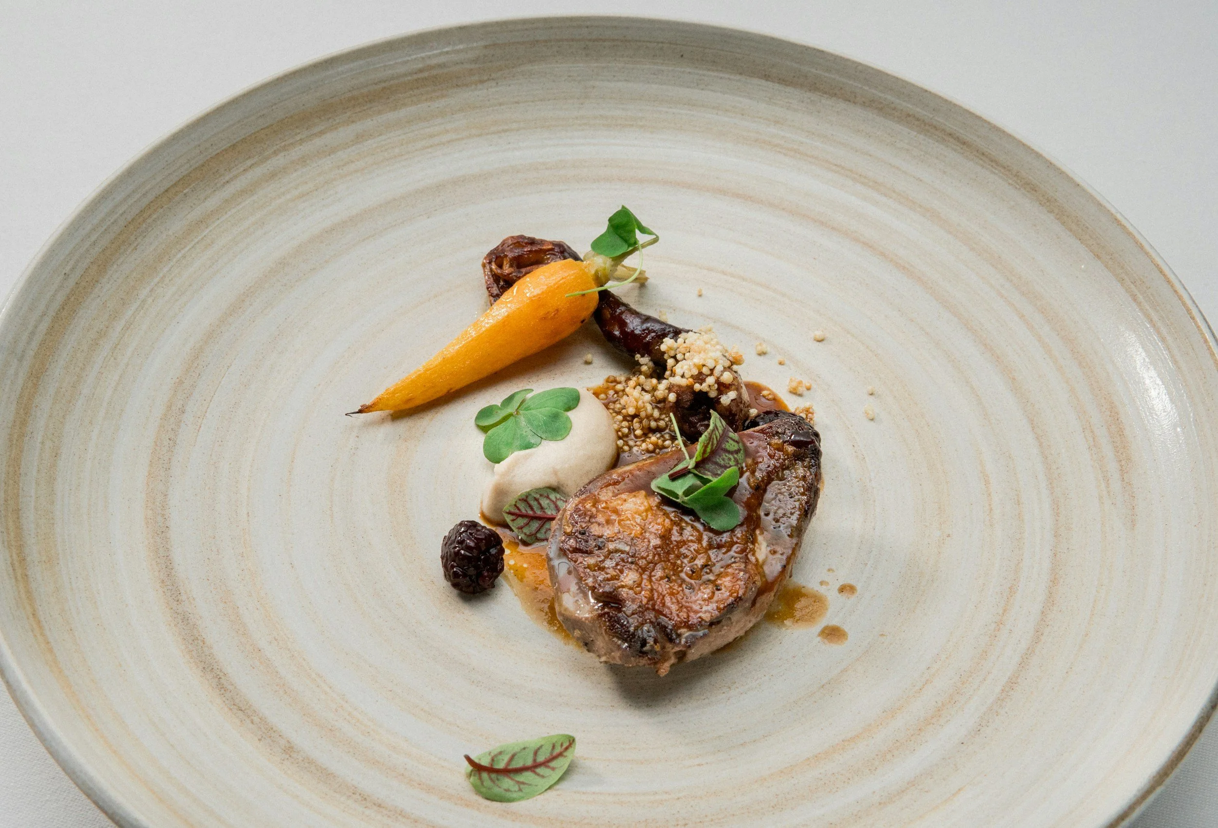 A plated gourmet dish featuring a cooked cut of meat topped with sauce, garnished with microgreens, alongside a roasted carrot, berry, and foam, on a textured ceramic plate.