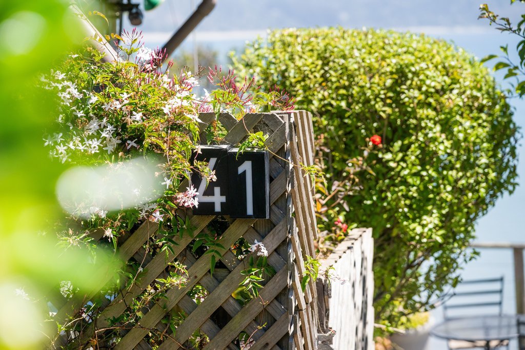 A black house number plaque displaying "41" attached to a lattice fence, surrounded by flowering plants and shrubs in a garden.