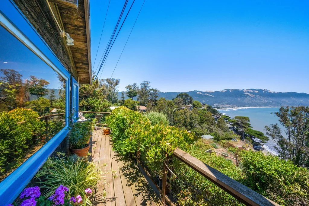 Balcony with potted plants overlooking a lush green coastal landscape and ocean, with mountains in the distance and a clear blue sky.