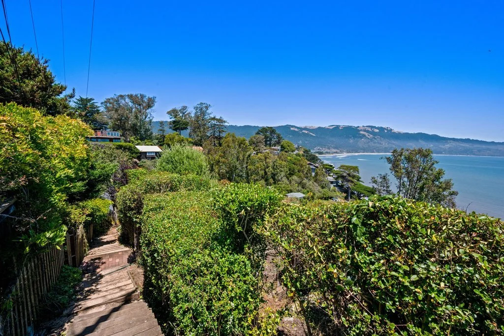 A scenic view of a coastal hillside with lush green vegetation, a pathway, and houses overlooking the ocean under a clear blue sky.