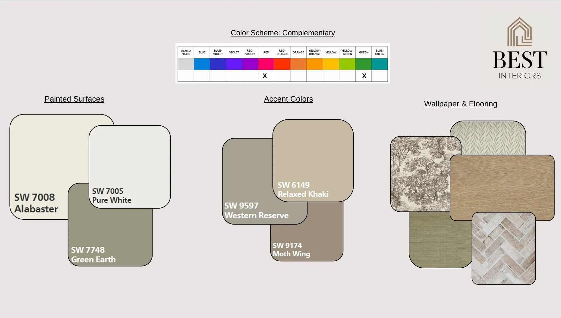 Color palette showing complementary color scheme with shades of blue, violet, red, orange, yellow, green, and blue-green. Sample paint colors include SW 7008 Alabaster, SW 7005 Pure White, SW 7748 Green Earth, SW 9597 Western Reserve, SW 9174 Moth Wi