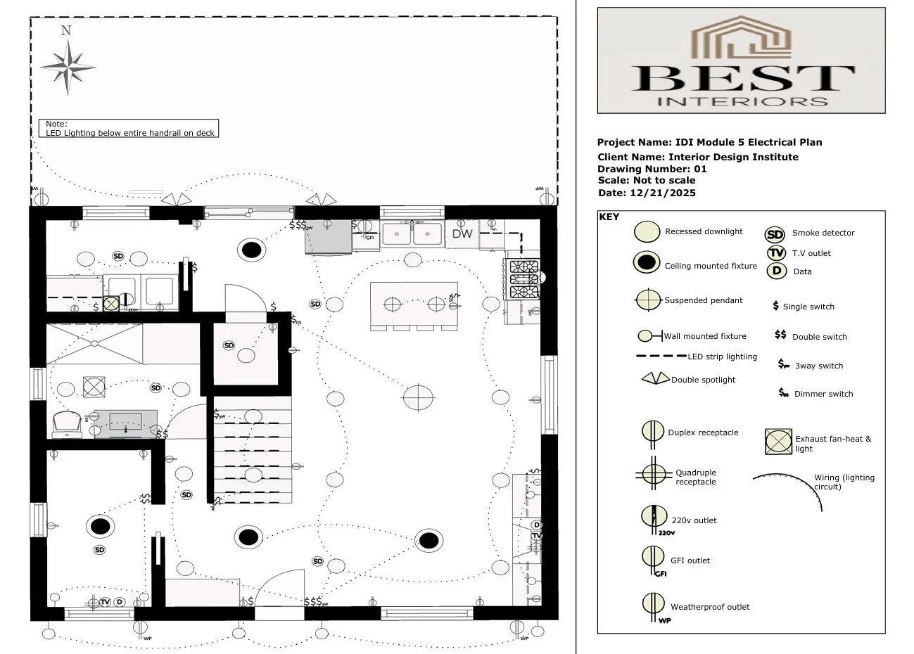 Electrical and lighting plan for a residential interior, showing room layouts, electrical fixtures, switches, and lighting details.