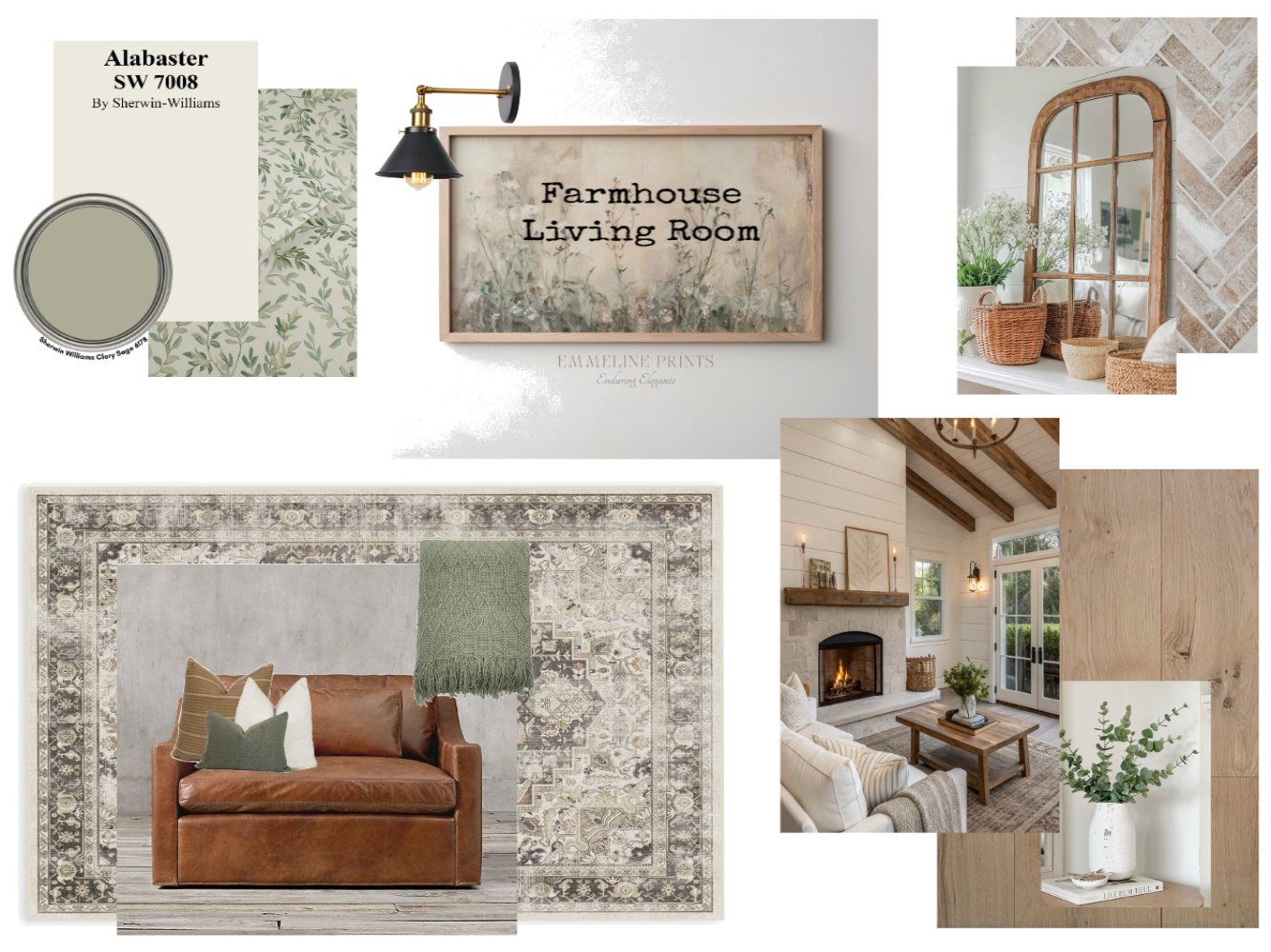 Interior design mood board for farmhouse living room with color palette, wall art, mirror, rug, sofa, throw blanket, cushions, fireplace, wooden beams, and decor accents in neutral and earthy tones.