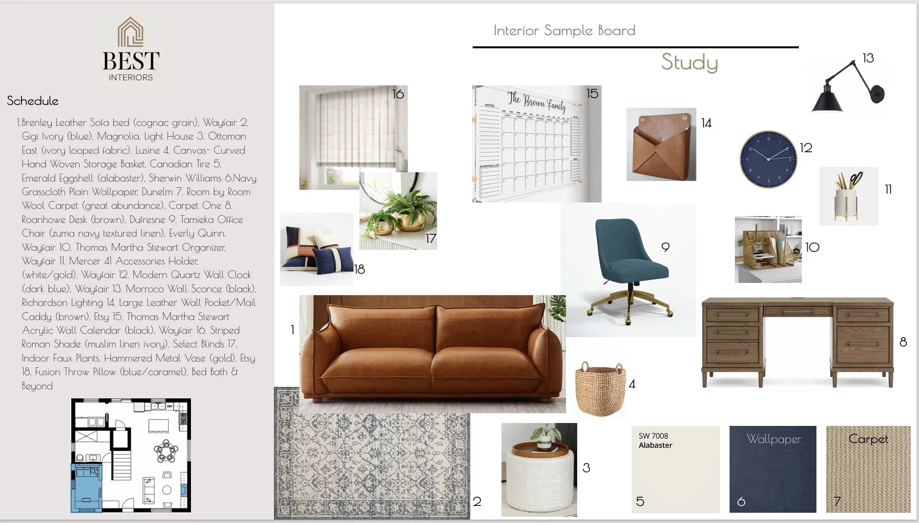 Sample interior design board with furniture and decor items, including a leather sofa, pillows, potted plants, window window treatments, office chair, desk organizer, wall clock, wall art, and various decorative accessories.