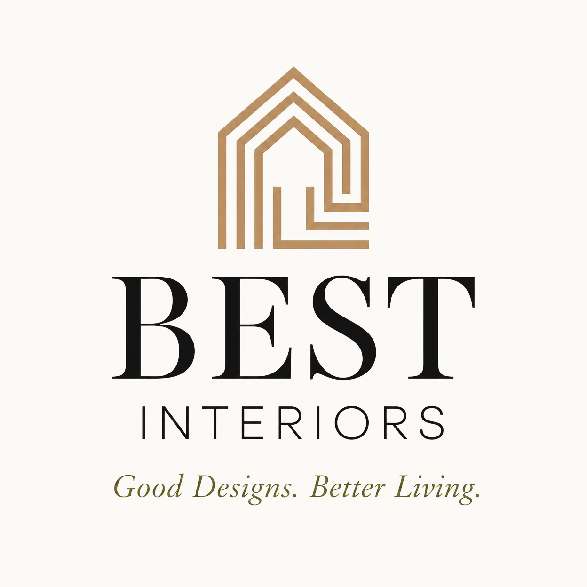 Logo for Best Interiors featuring a stylized house outline in gold and black text with the tagline 'Good Designs. Better Living.'.
