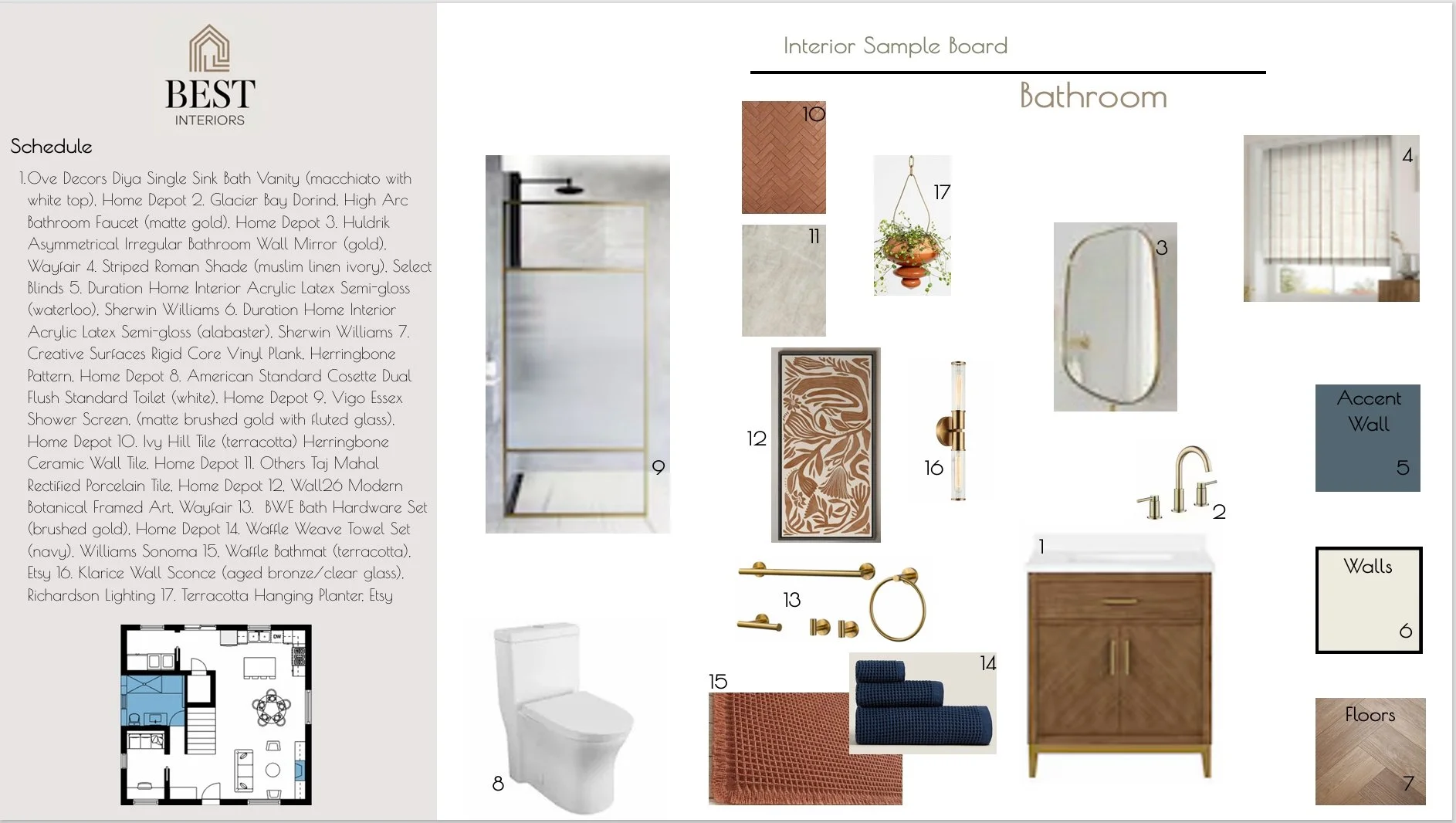 Design plan for a bathroom interior showing a mirror, wall hanging planter, faucet, mirror, window with blinds, picture frame, light fixture, toilet, tile samples, framed art, hardware set, towel set, small cabinet, and wall color sample.