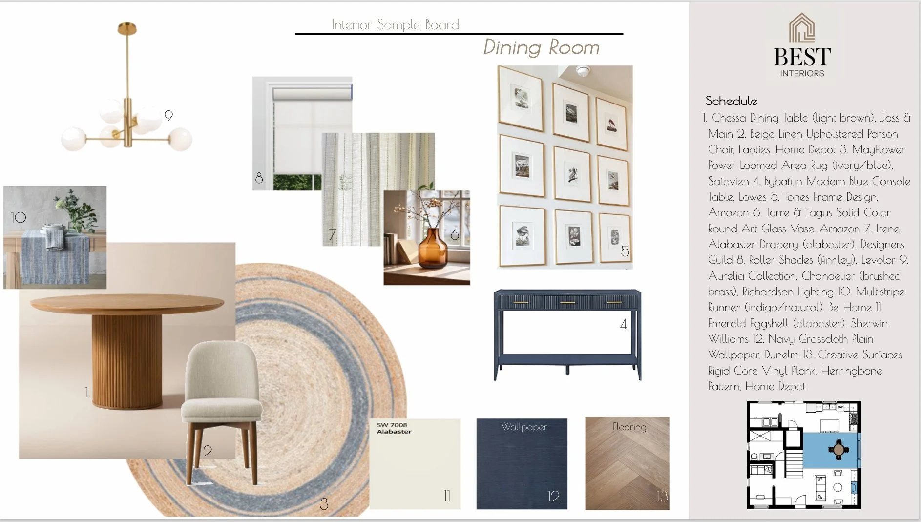Interior sample board for a dining room showcasing various design elements including a modern brass and white globe chandelier, a round wooden table with vertical wood slats on the pedestal, a white upholstered chair, a layered circular rug in neutra