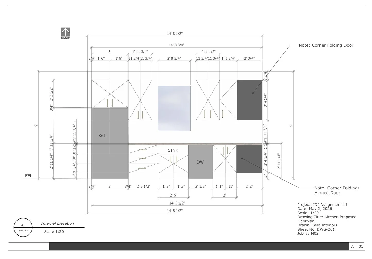 A detailed kitchen floor plan with dimensions, cabinets, dishwasher, sink, and refrigerator layout. Notations indicate corner folding doors and other architectural details. The plan includes a north directional arrow and a project date of May 2, 2026
