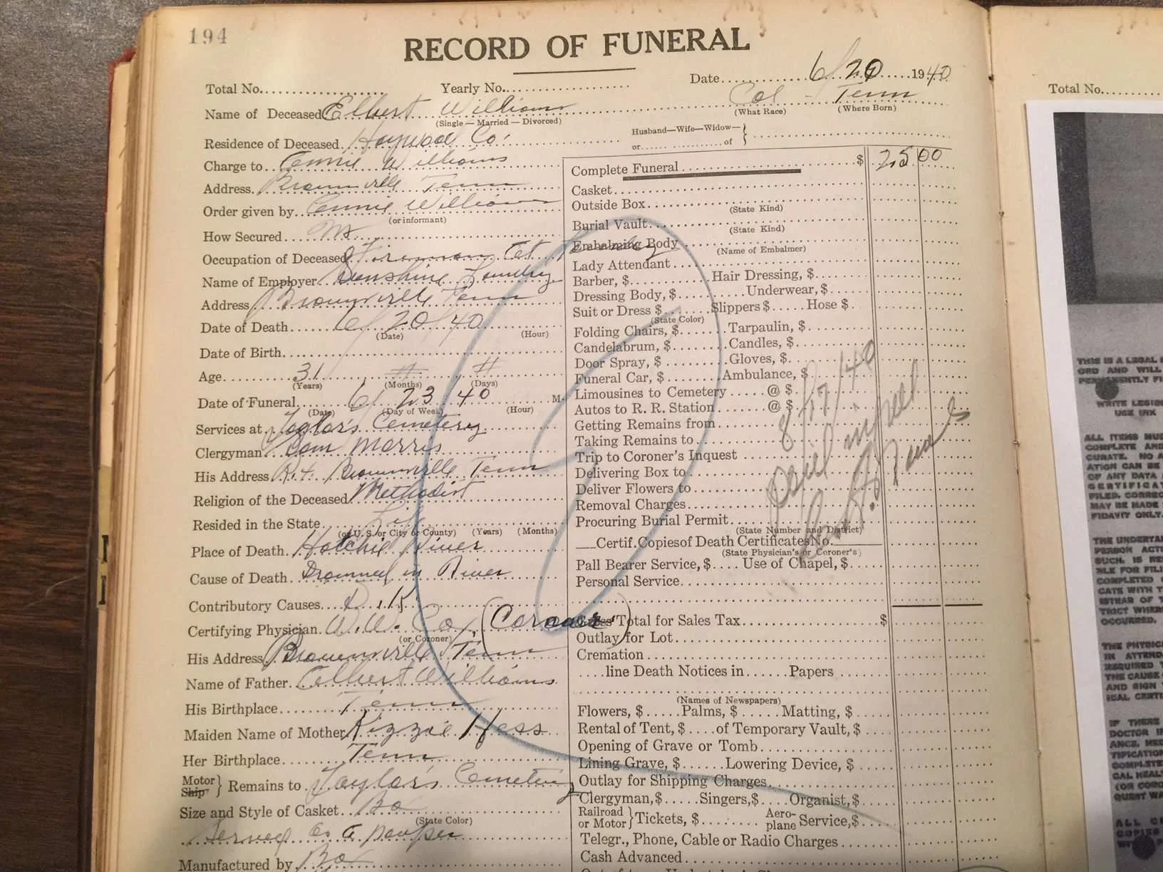 A page from an old handwritten funeral record book with handwritten details about a person's death and funeral arrangements.