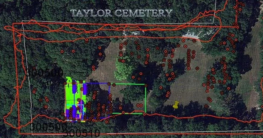 Aerial view of Taylor Cemetery with marked grave locations, boundary lines, and some structures or features within the cemetery.