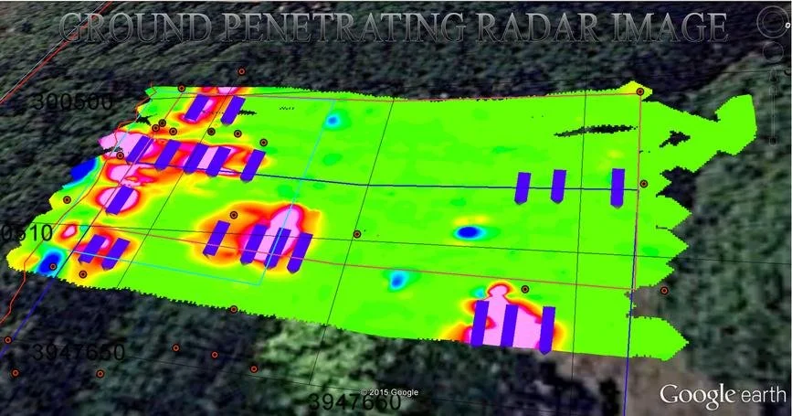 A ground penetrating radar map overlay on a forested area showing underground structures marked with blue lines and color-coded heat map indicating underground features.