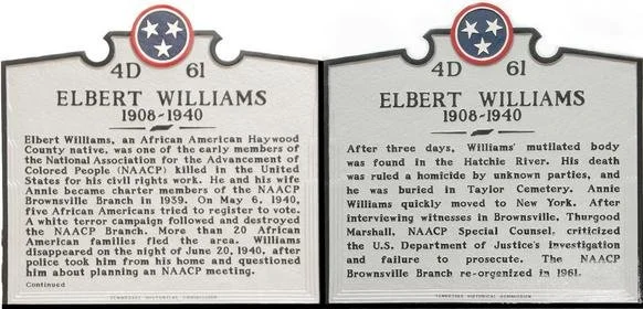 Historical tombstone for Elbert Williams (1908-1940), an African-American civil rights activist, with two sides providing his biography.