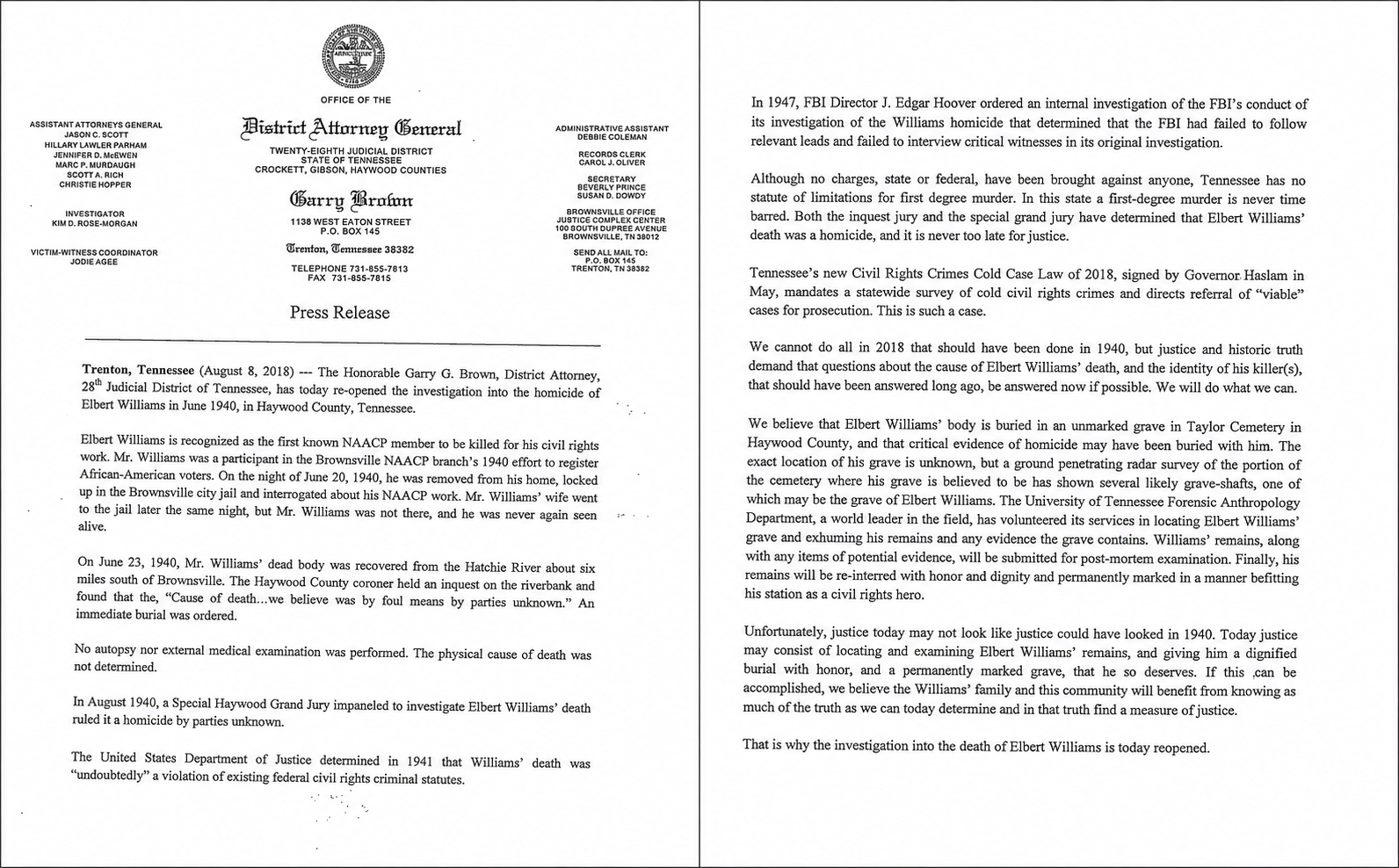 Press release document from the Office of the District Attorney General of Tennessee regarding Elbert Williams' homicide investigation, dated August 8, 2018, with detailed information about the case and its re-investigation.