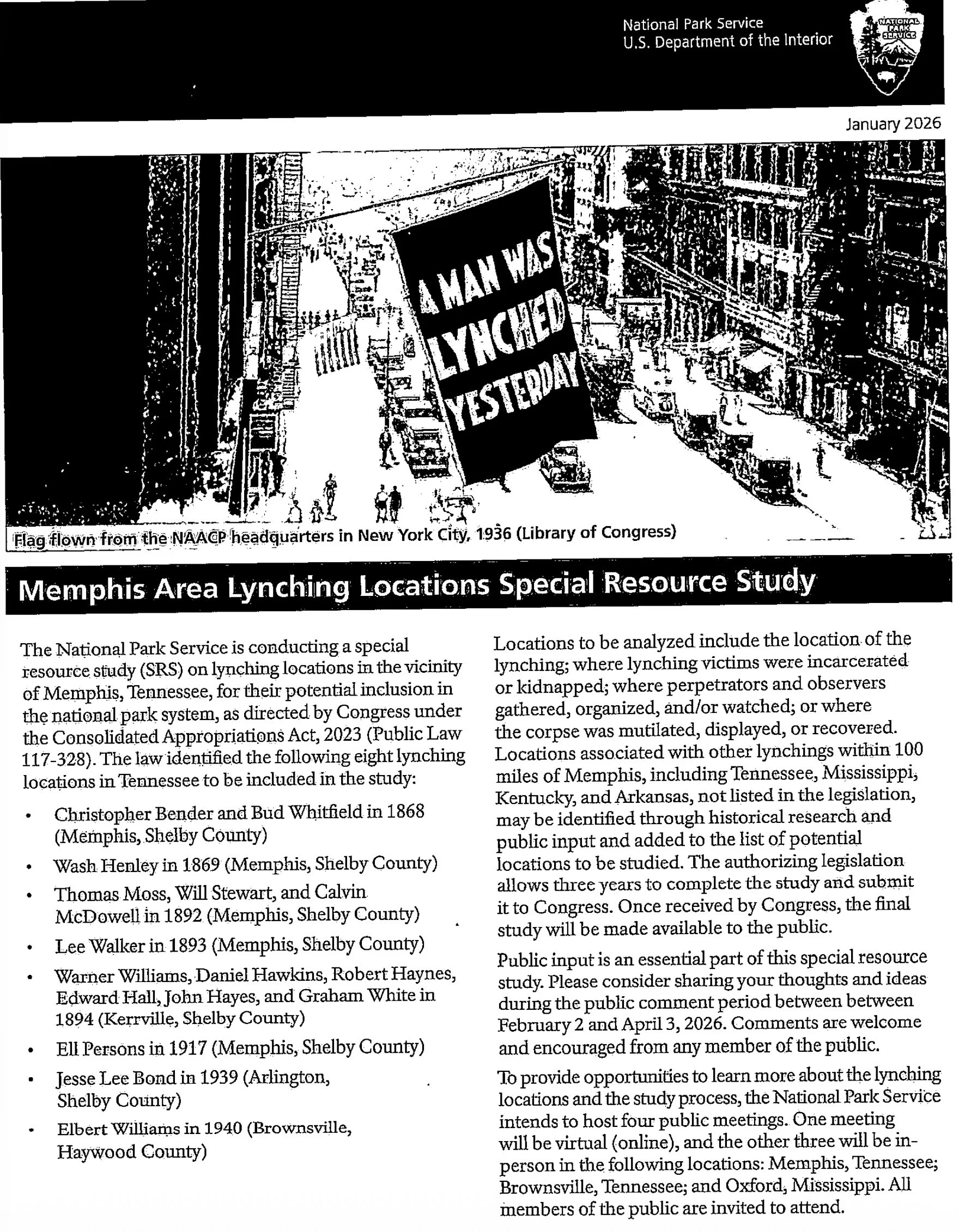 Black and white image of a city street with buildings on both sides. A large banner hanging across the street reads 'A MAN WAS LYNCHED YESTERDAY'. Caption beneath states it's from the NAACP headquarters in New York City, 1936.
