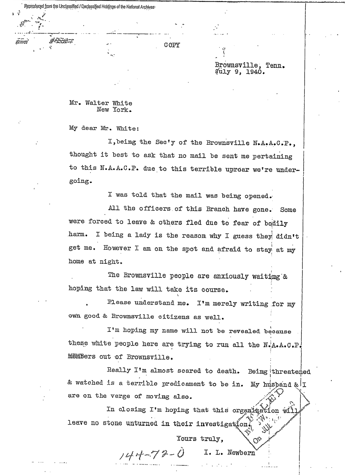 Typewritten letter dated July 9, 1940, from I. L. Newbera in Brownsville, Tennessee, addressed to Mr. Walter White in New York, discussing concerns about mail restrictions and local unrest, with a stamp indicating it is declassified from the National Archives.