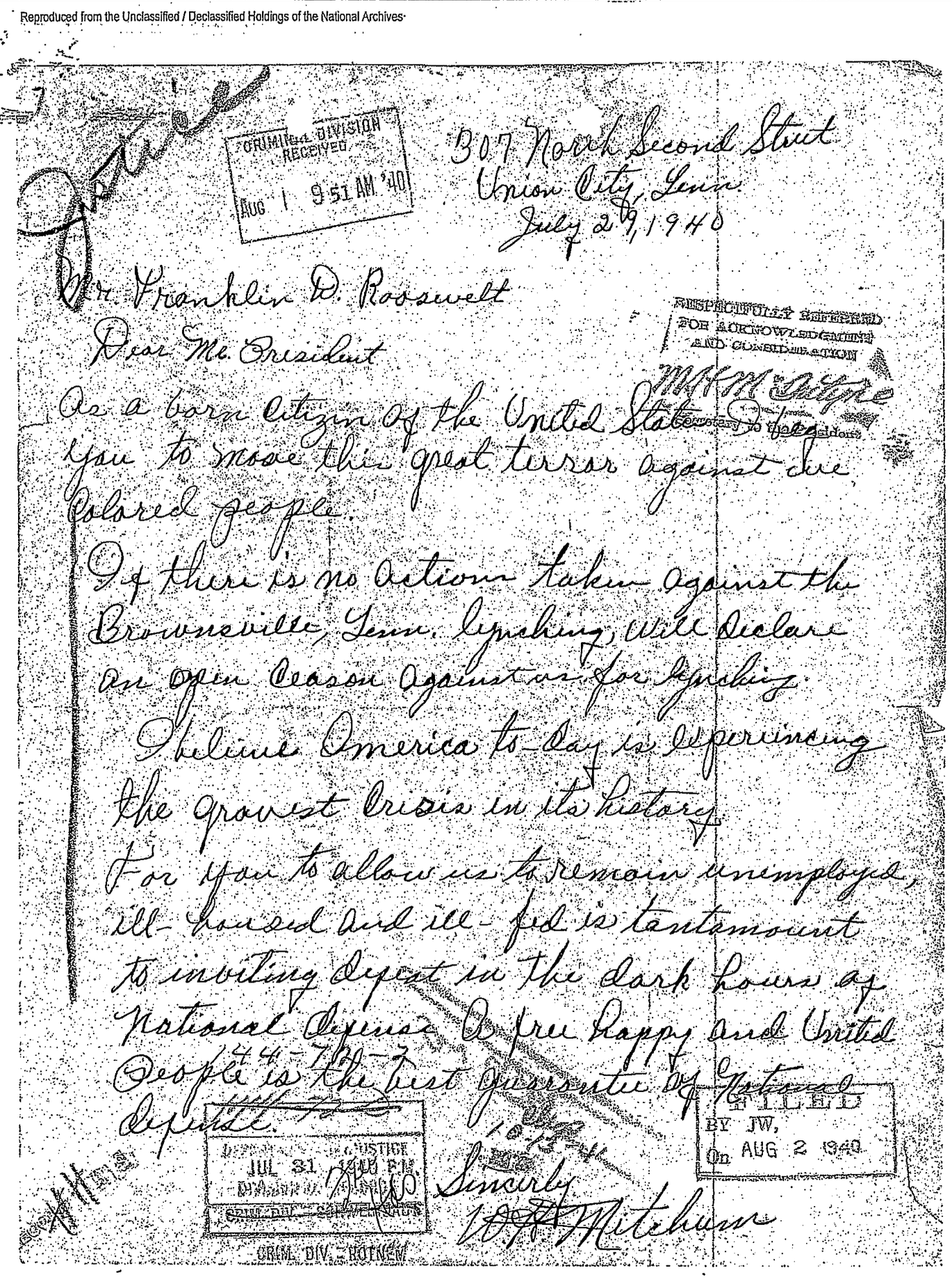 Historical handwritten letter dated July 29, 1940, addressed to Mr. Franklin D. Roosevelt from an unnamed sender, discussing political actions and historical events, with stamps and annotations from the National Archives.