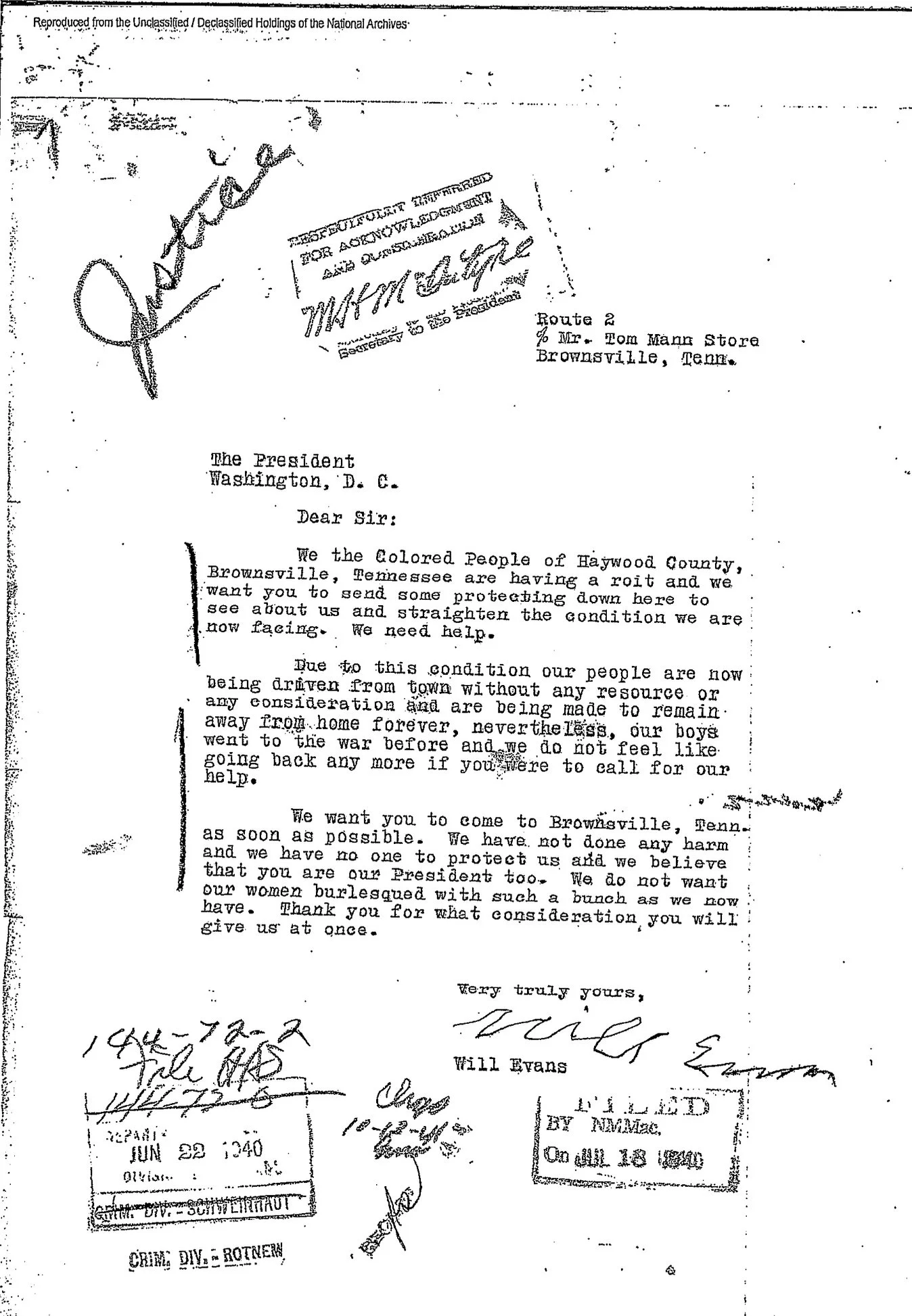 A scanned letter with handwritten signatures and annotations. It appears to be an official document with stamps, signatures, and some handwritten notes, including dates and possibly a response letter addressing concerns of the African American community in Brownsville, Tennessee.