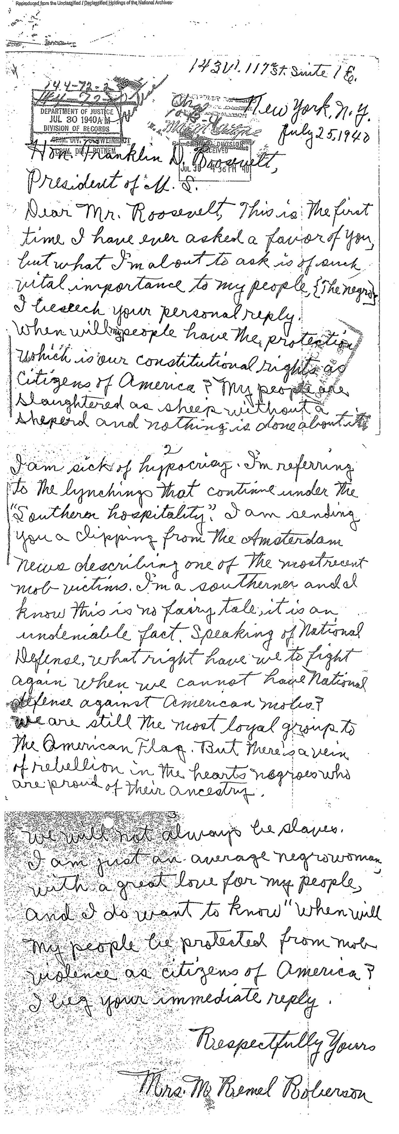 Handwritten letter addressed to Franklin D. Roosevelt, dated July 25, 1940, discussing racial discrimination, patriotism, and concerns about violence against African Americans.