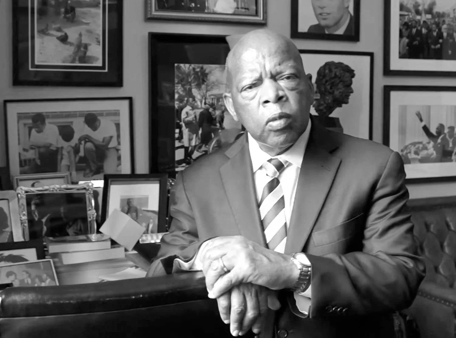 A black-and-white photo of the late civil rights hero, Rep. John Lewis