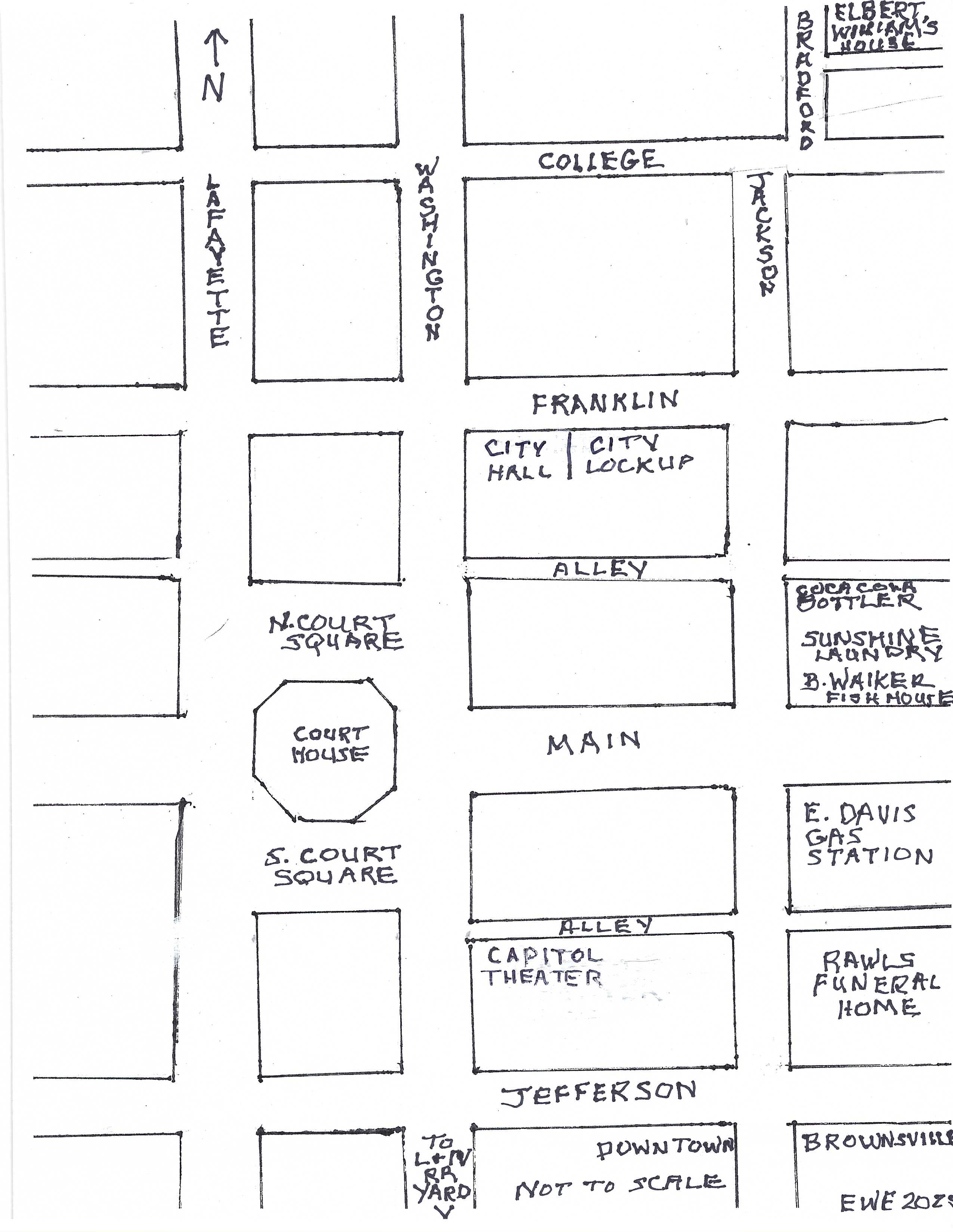 Hand-drawn map of downtown Jefferson with labeled streets, buildings, and landmarks, including City Hall, courthouse, college, and various squares and alleys.