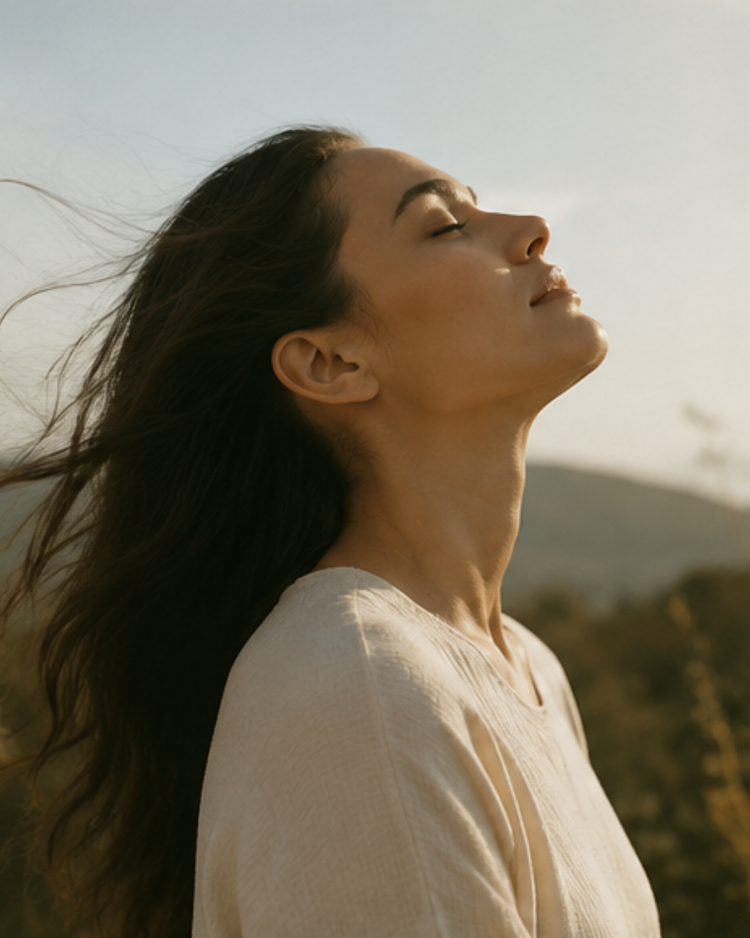 A woman with long dark hair and light skin standing outdoors with her eyes closed, facing towards the sunlight, with wind blowing her hair and a mountainous background.