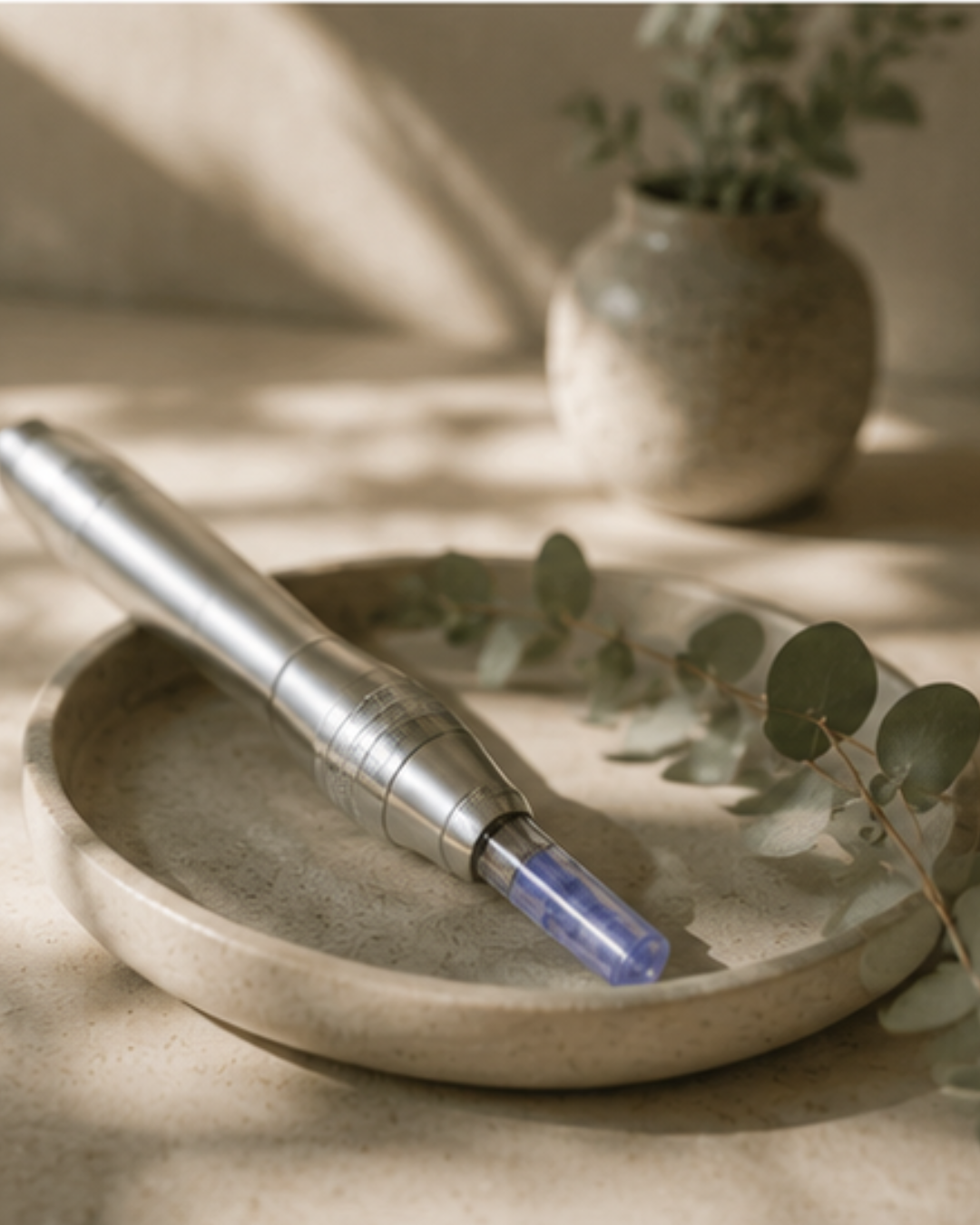 A silver and black handheld laser device resting on a beige ceramic dish, with eucalyptus leaves beside it. In the background, there is a small ceramic pot with a green plant.