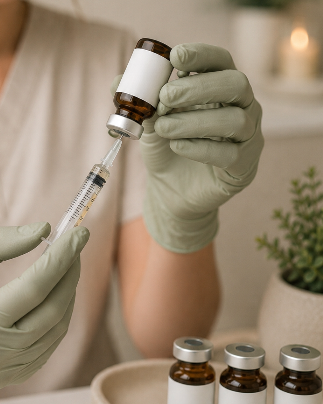 Person wearing gloves drawing liquid from a brown medicine vial into a syringe.