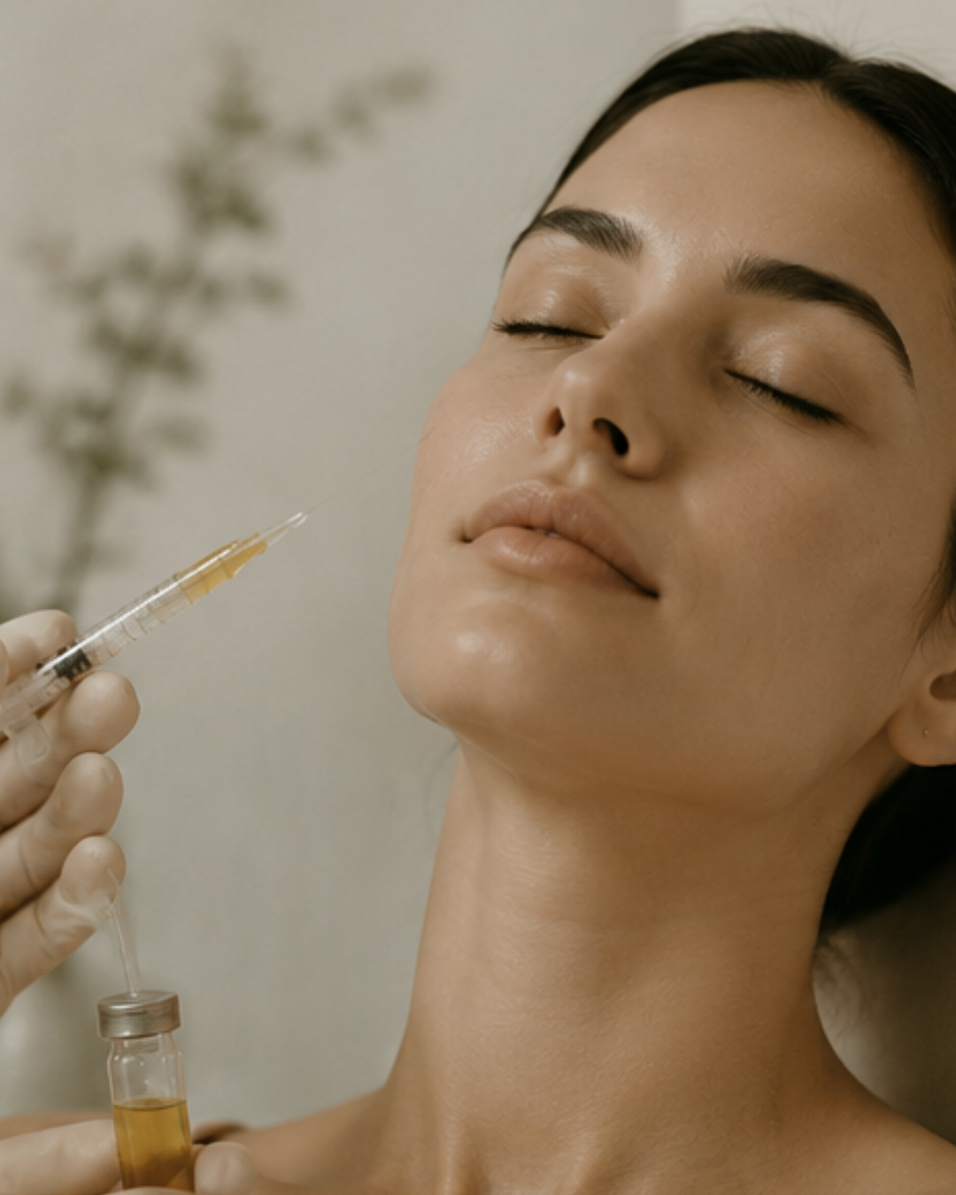 A woman receiving a cosmetic injection with a syringe held by a gloved hand.