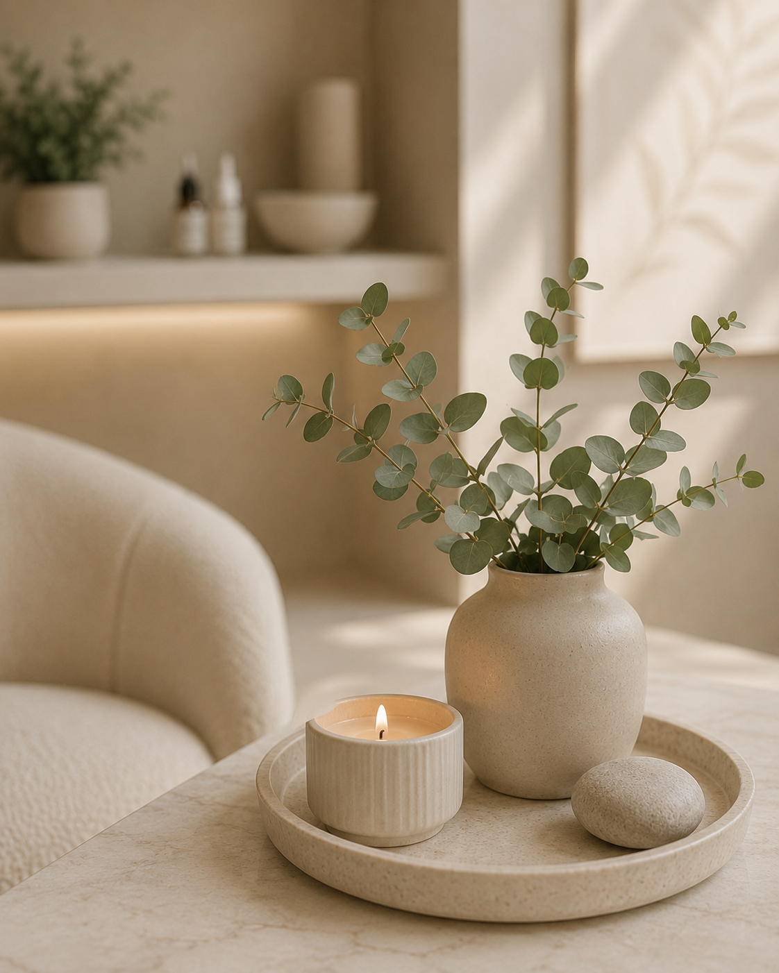 A beige vase with green eucalyptus leaves, a candle in a beige holder, and a beige stone on a circular tray on a dining table.