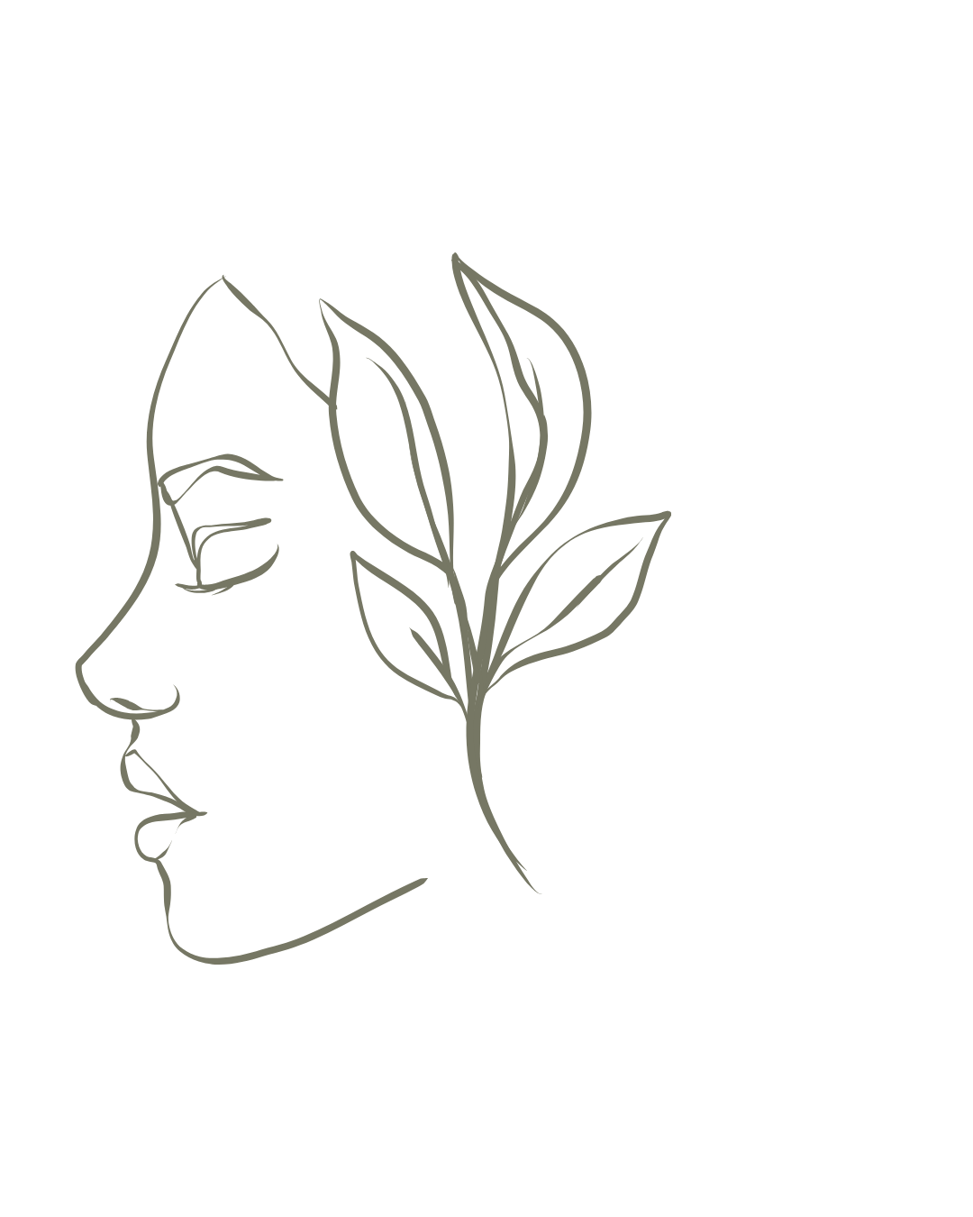 Minimalist line drawing of a woman's side profile with leaves growing from her head.