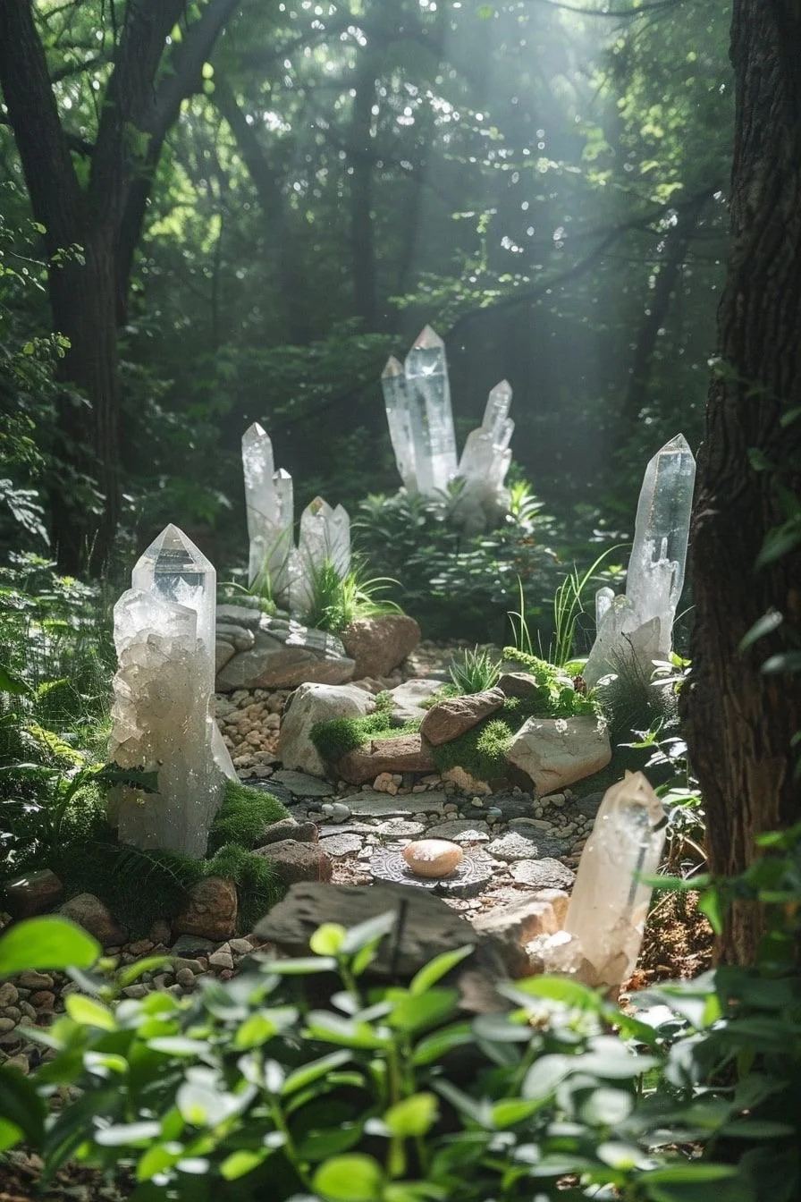 A mystical forest scene with clear quartz crystal points arranged along a narrow rocky path, surrounded by lush greenery and dappled sunlight filtering through trees.