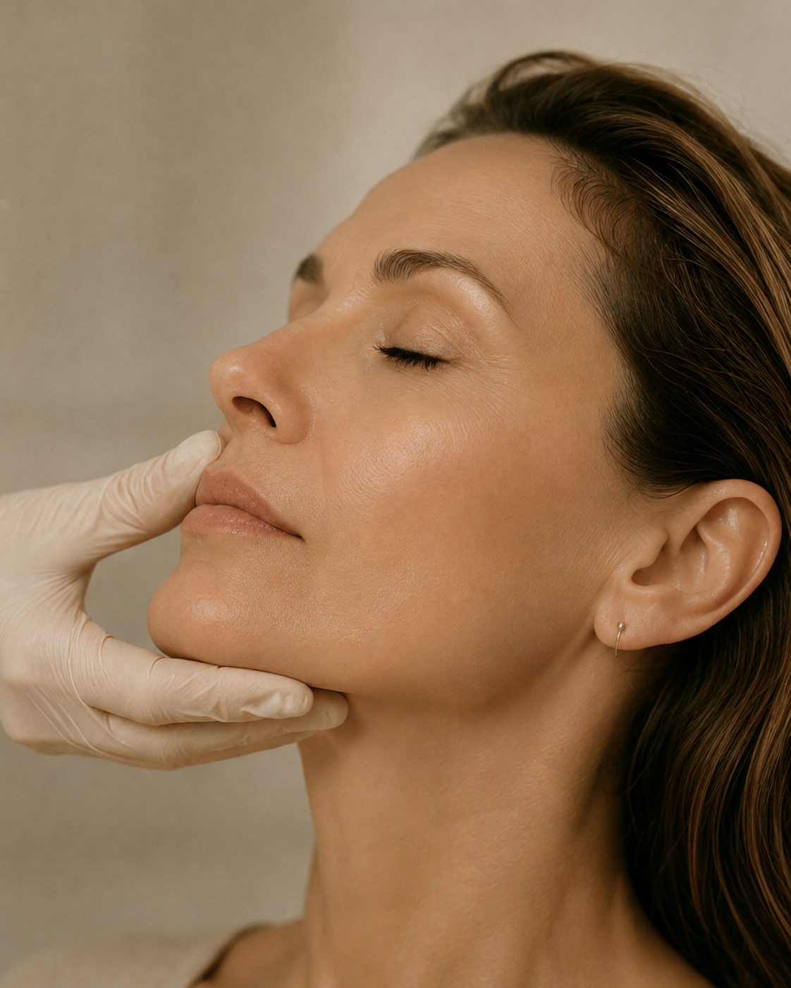 A woman with brown hair and closed eyes undergoing a cosmetic or facial examination, with a gloved hand touching her face.