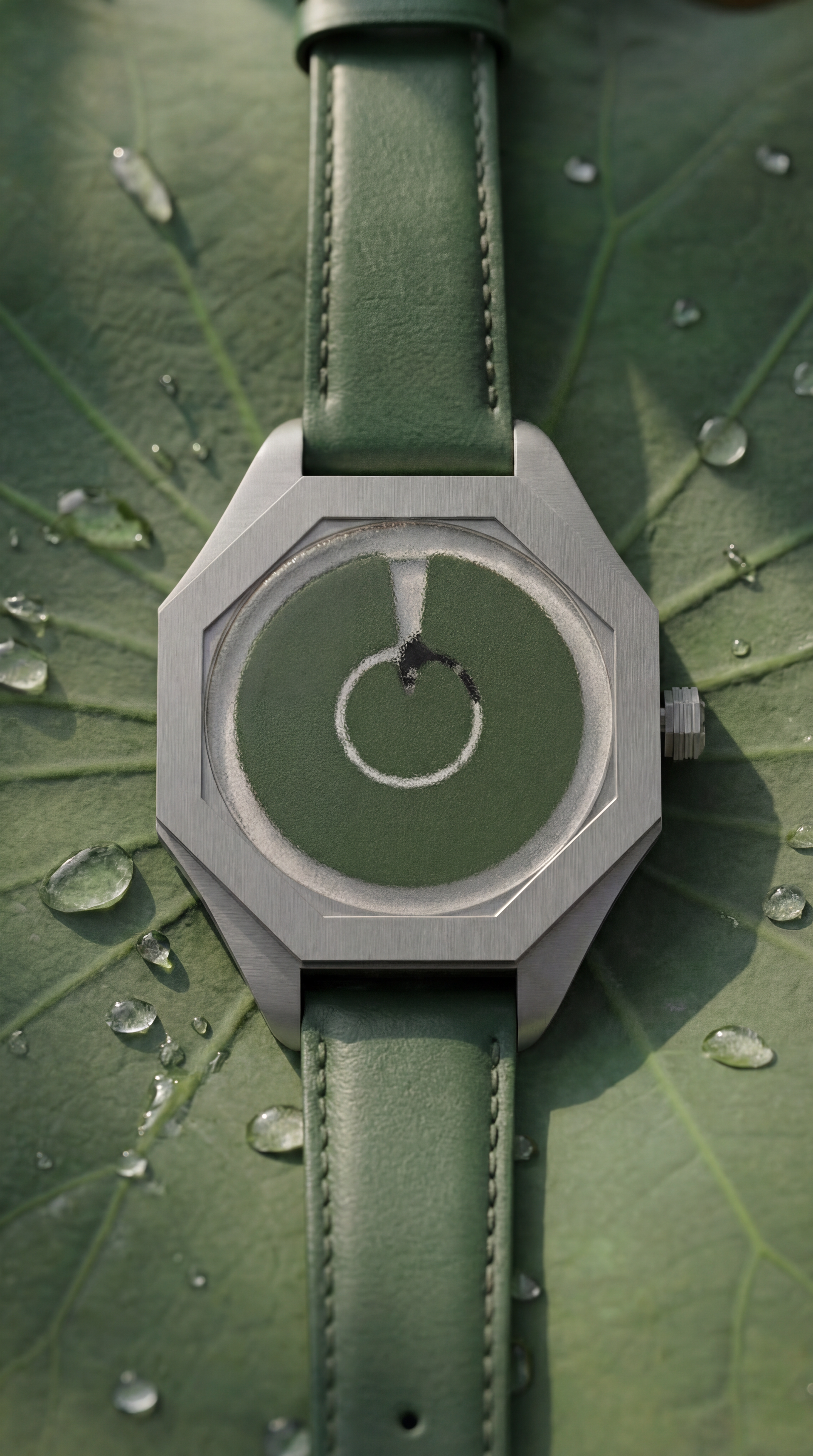 Close-up of a green leather strap watch with a brushed metal case, placed on a wet green leaf with water droplets.