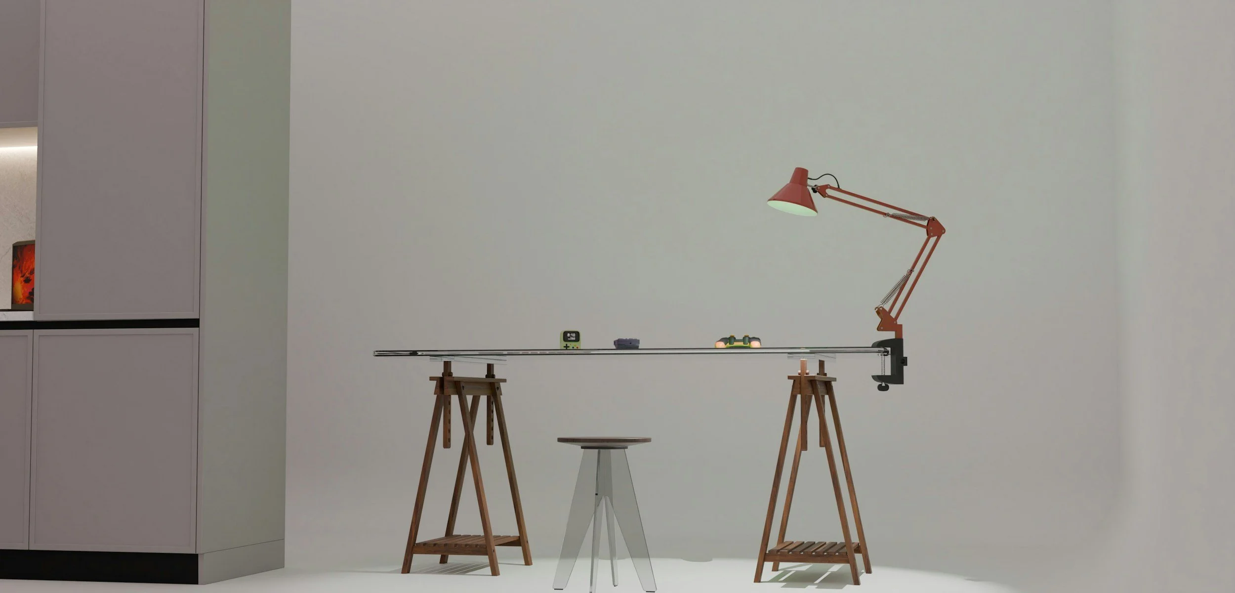 A minimalist room with a wooden sawhorse, a stool, a long horizontal metal rail, a red adjustable desk lamp, a small electronic device, and a small container on the rail. There are white cabinets on the left side and a plain light-colored wall in the background.