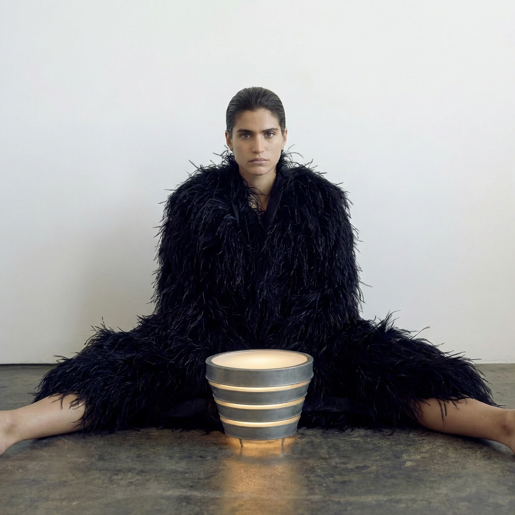 A woman with dark hair styled back, wearing a large black feathered coat, sitting on the floor in a split position, with a decorative lamp in front of her, against a blank white wall.