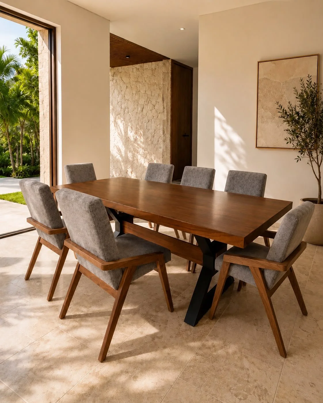 Comedor en madera con sillas forradas en tela