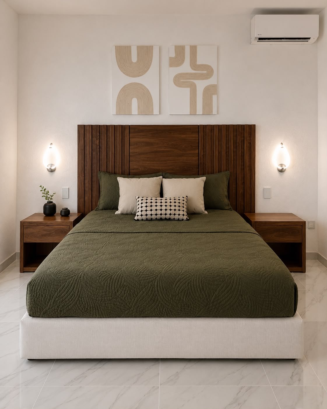 Cama matrimonial con base personalizada y cabecera en madera