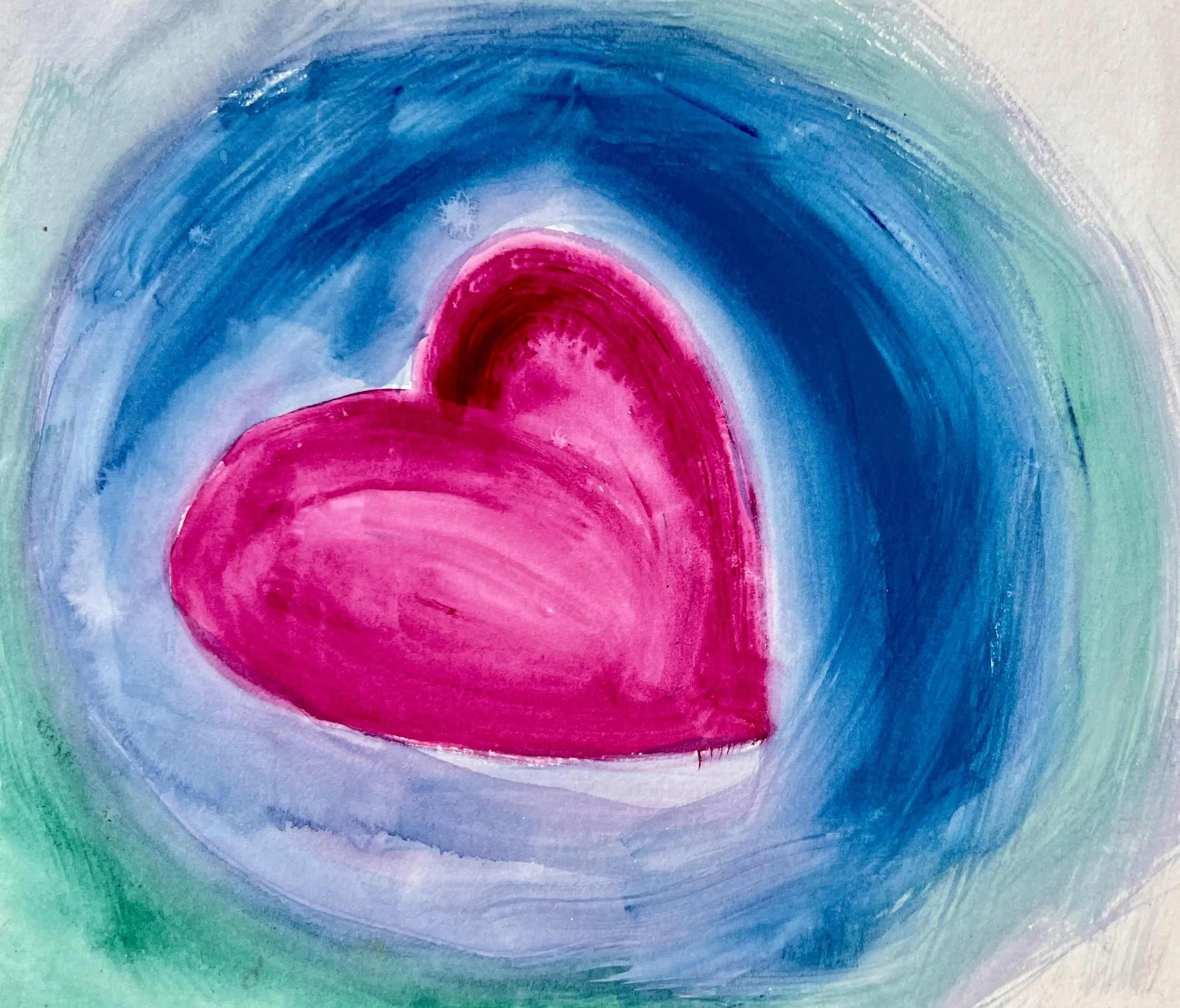 A colorful abstract painting of a pink heart featuring concentric circles with shades of purple, blue, and green.
