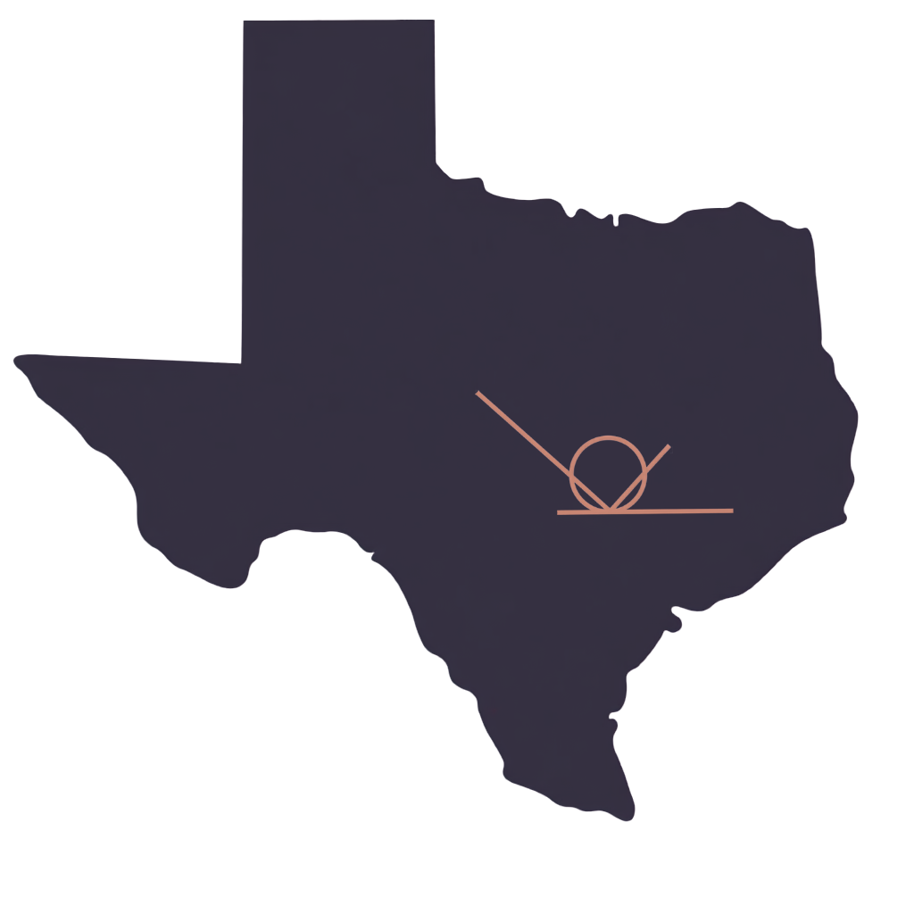 Map of Texas with some geographic markings and lines, including a circle with lines indicating specific points or directions.