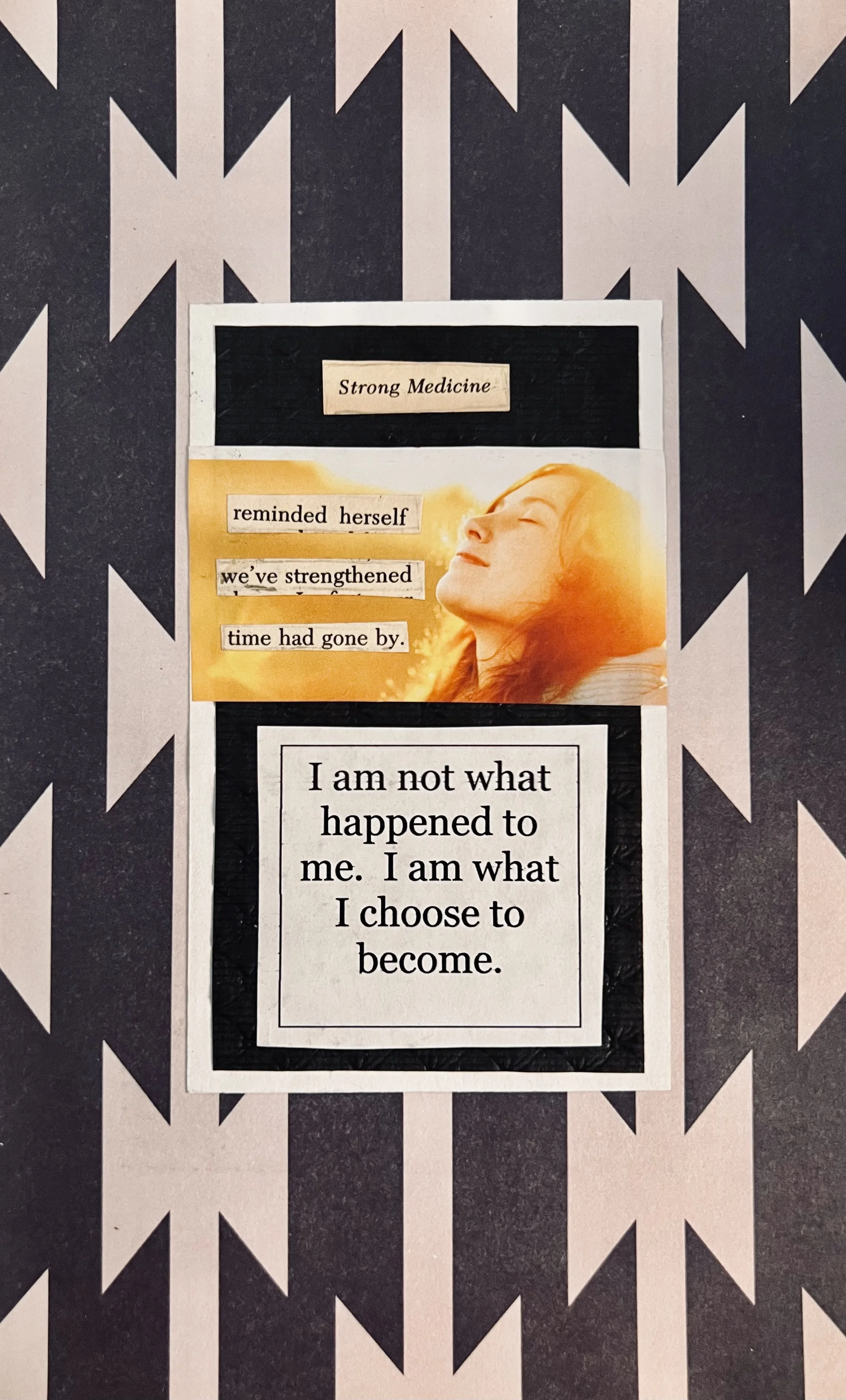 Collage with a black and white background and a quote: "Strong Medicine reminded herself we've strengthened. time had gone by." Next to the quote is an image of a woman with closed eyes and a peaceful expression, facing towards the light.