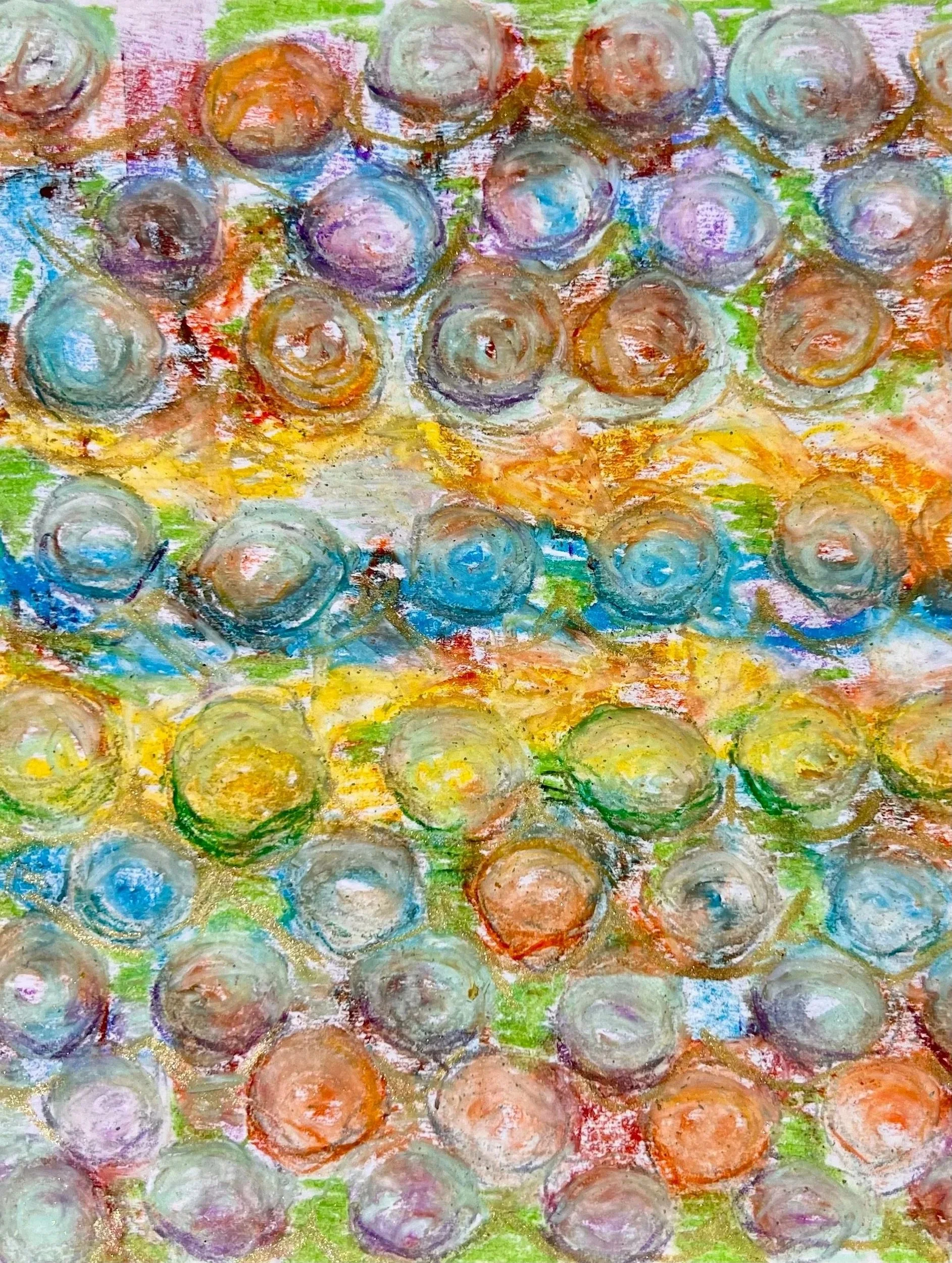 An abstract drawing with numerous circular shapes in various pastel colors such as pink, purple, blue, orange, yellow, and green, with visible brushstrokes and textured appearance.