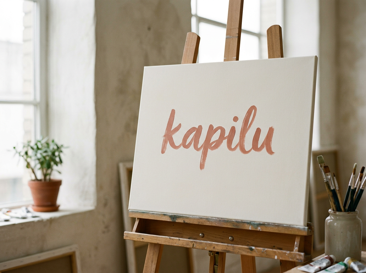 A canvas on an easel with the word "kapilu" written in pink script, in an artist's studio with paintbrushes in a container nearby and sunlight coming through window.