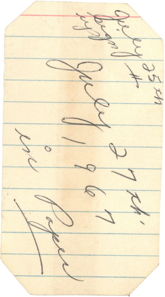 Handwritten note on lined paper, signed by someone named 'Dewey'.