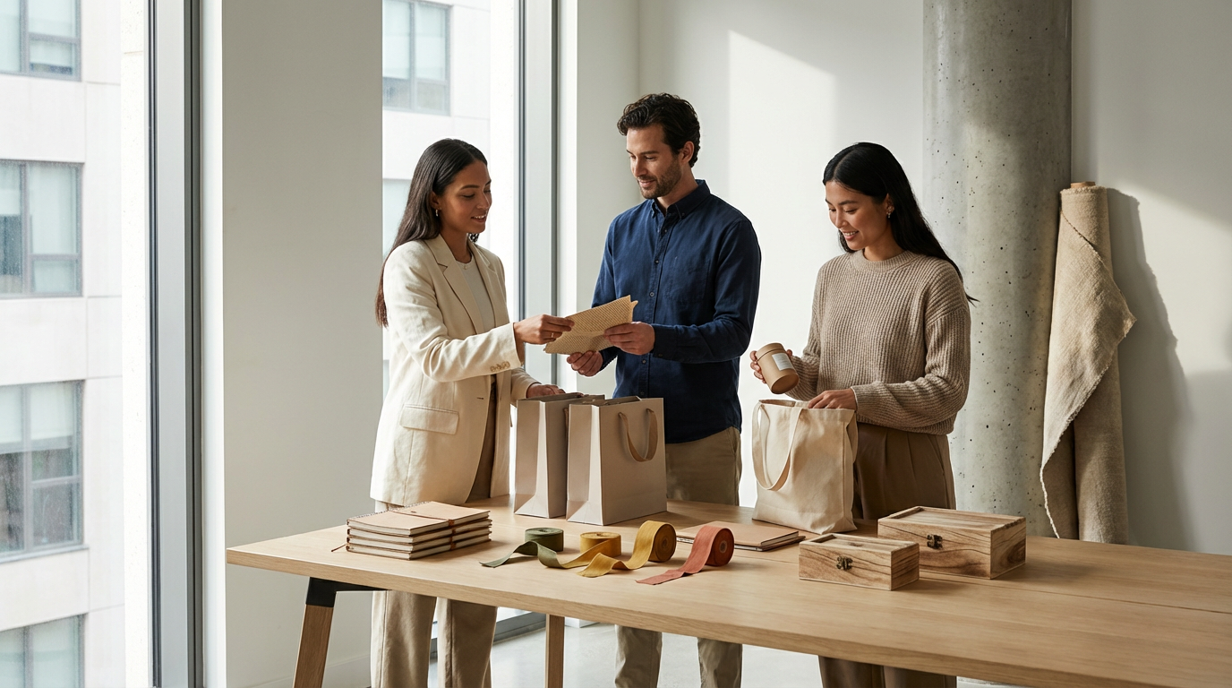 Three people working together at a table in a bright, modern office with large windows. They are packing or preparing items into paper bags and handling various supplies like books, boxes, and ribbons.