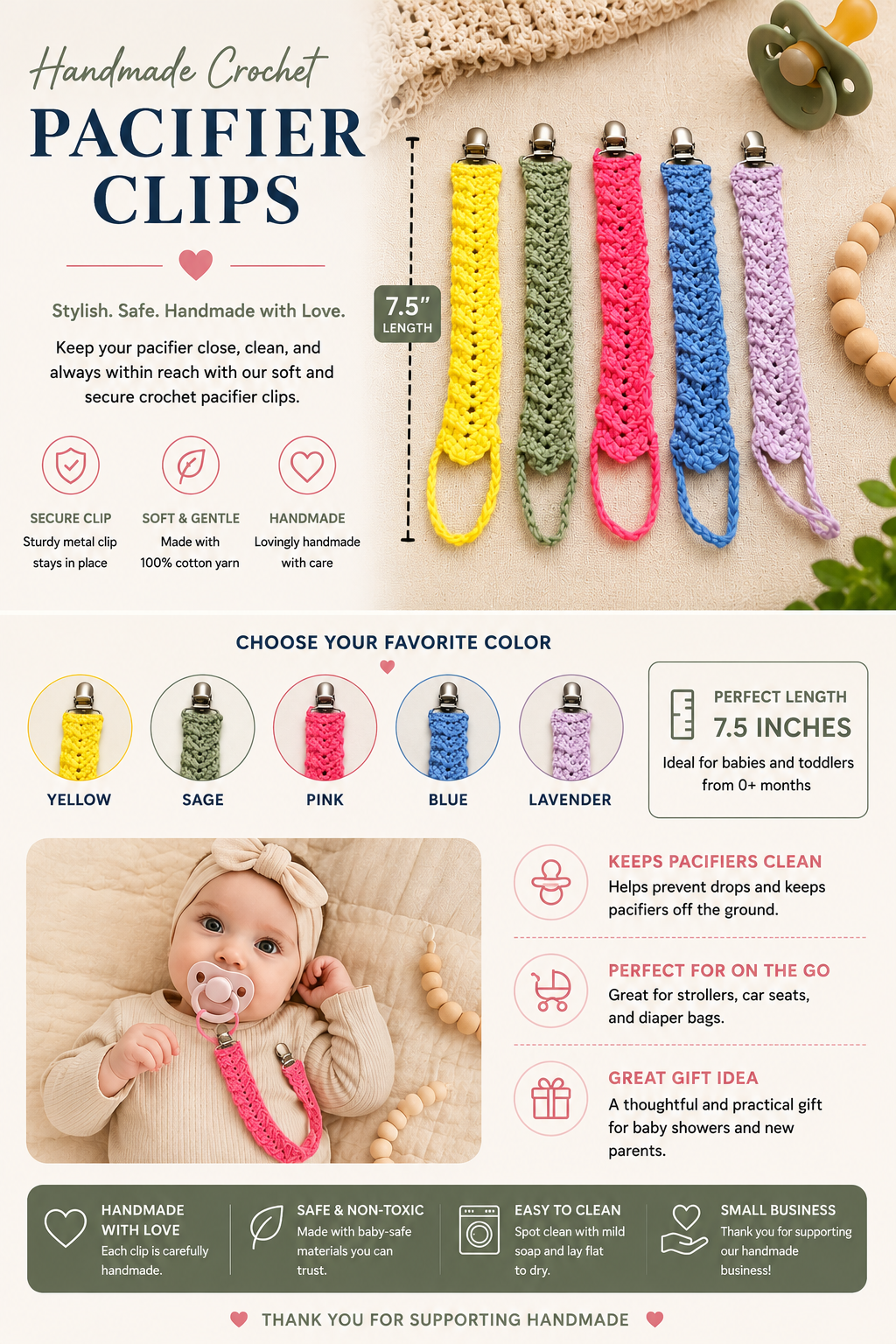 Handmade Crochet Pacifier Clip – 7.5" Baby Pacifier Holder