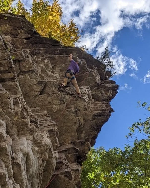 Person rock climbing on a steep outdoor cliff with trees and a clear blue sky in the background.
