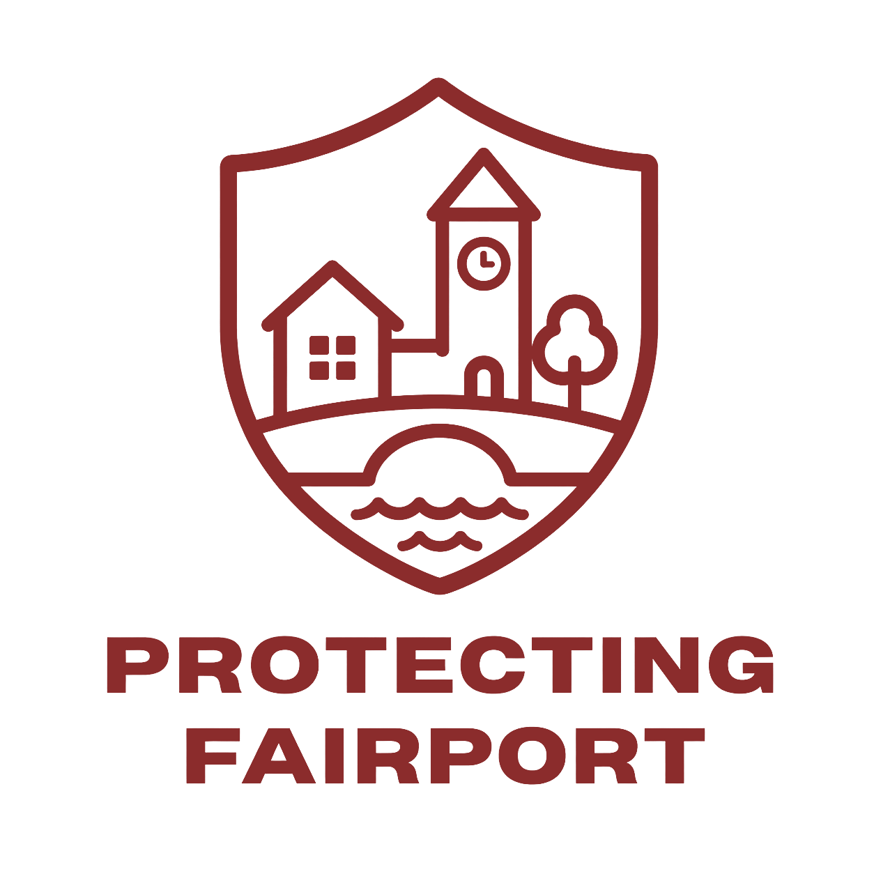 A logo featuring a shield with a house, a clock tower, a tree, and a bridge over water, with the text 'Protecting Fairport' below.