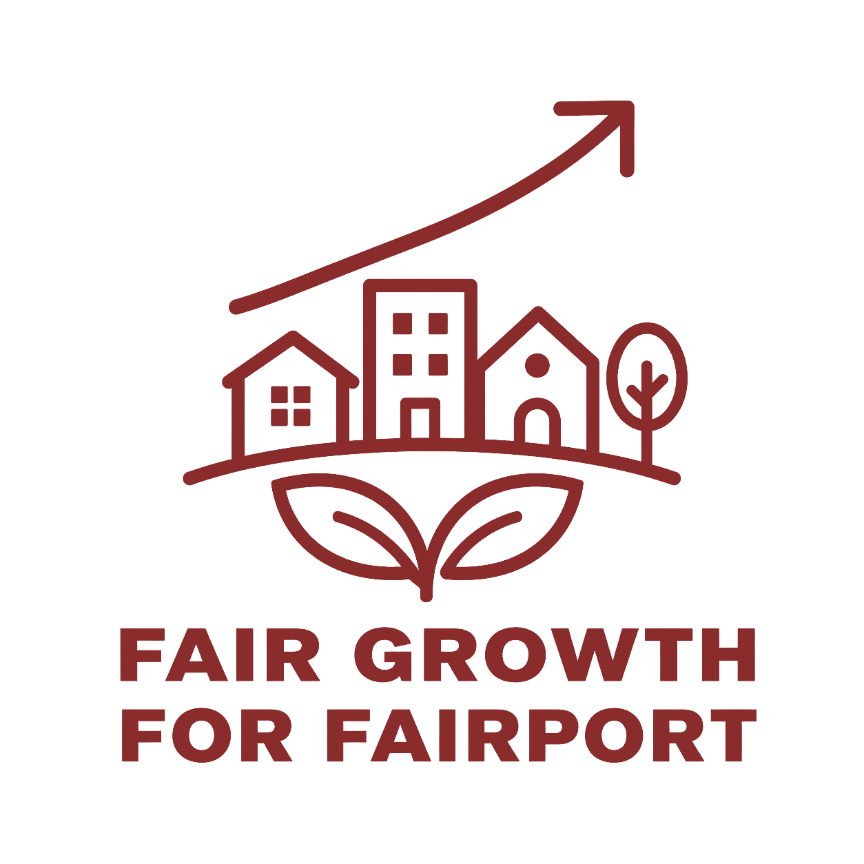 Line drawing of houses, a tree, and leaves with an upward arrow above, symbolizing growth, along with the text "Fair Growth for Fairport".