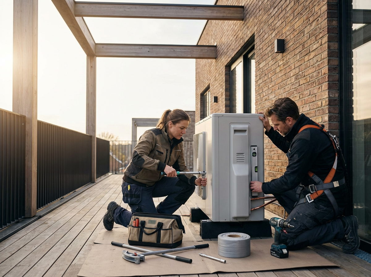 Two technicians repairing an air conditioning unit on a balcony, with tools and a toolbox nearby.