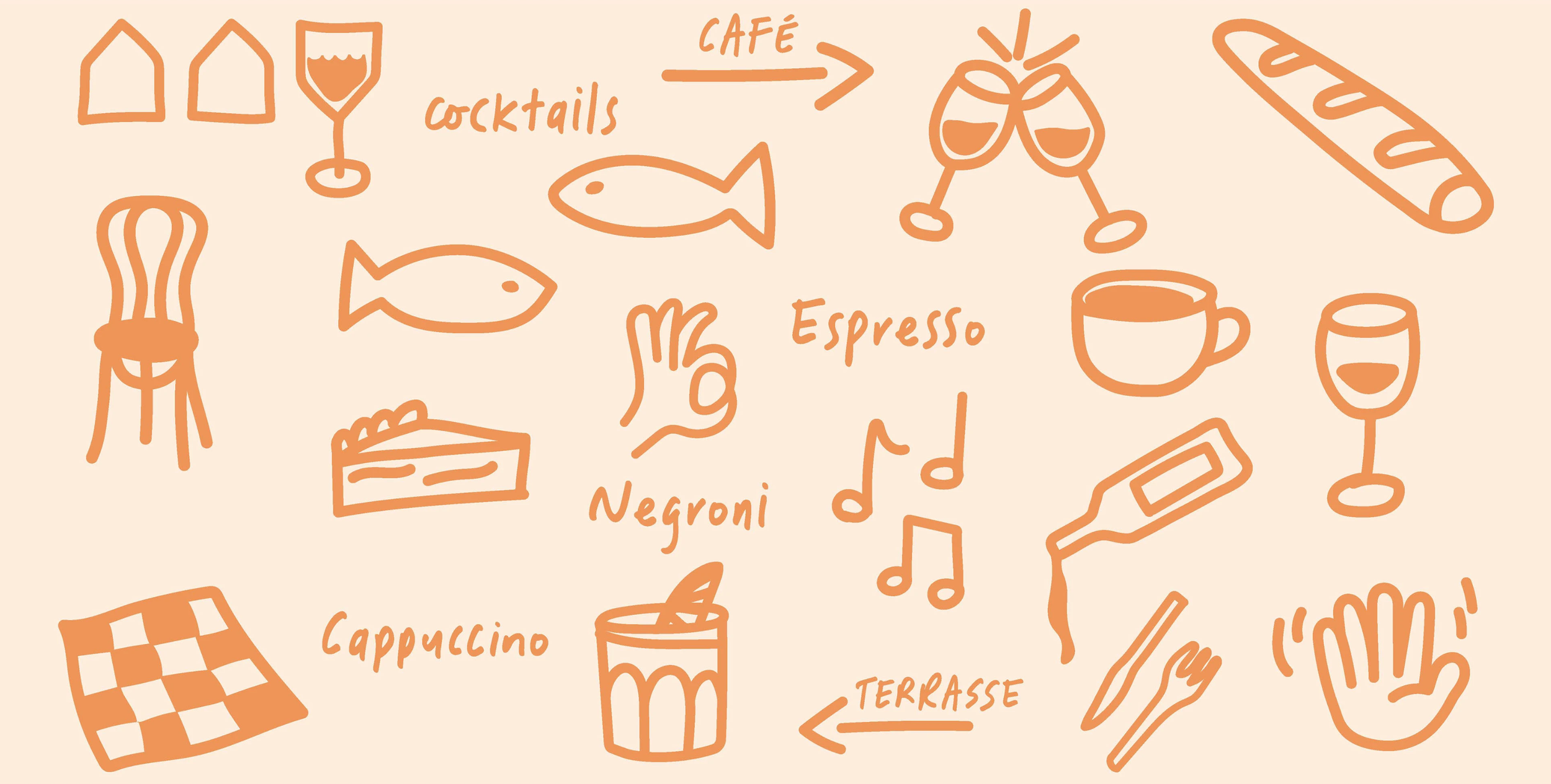 Illustrations de boissons et nourriture, incluant deux verres de cocktail, un café, un verre de vin, une cafetière, une part de gâteau, une bouteille de vin, une tasse de café, et des mots en français comme 'cocktails', 'café', 'negroni', 'cappuccino', 'terrasse', et des dessins de notes de musique, de mains, et d'autres objets liés à la restauration et aux boissons.